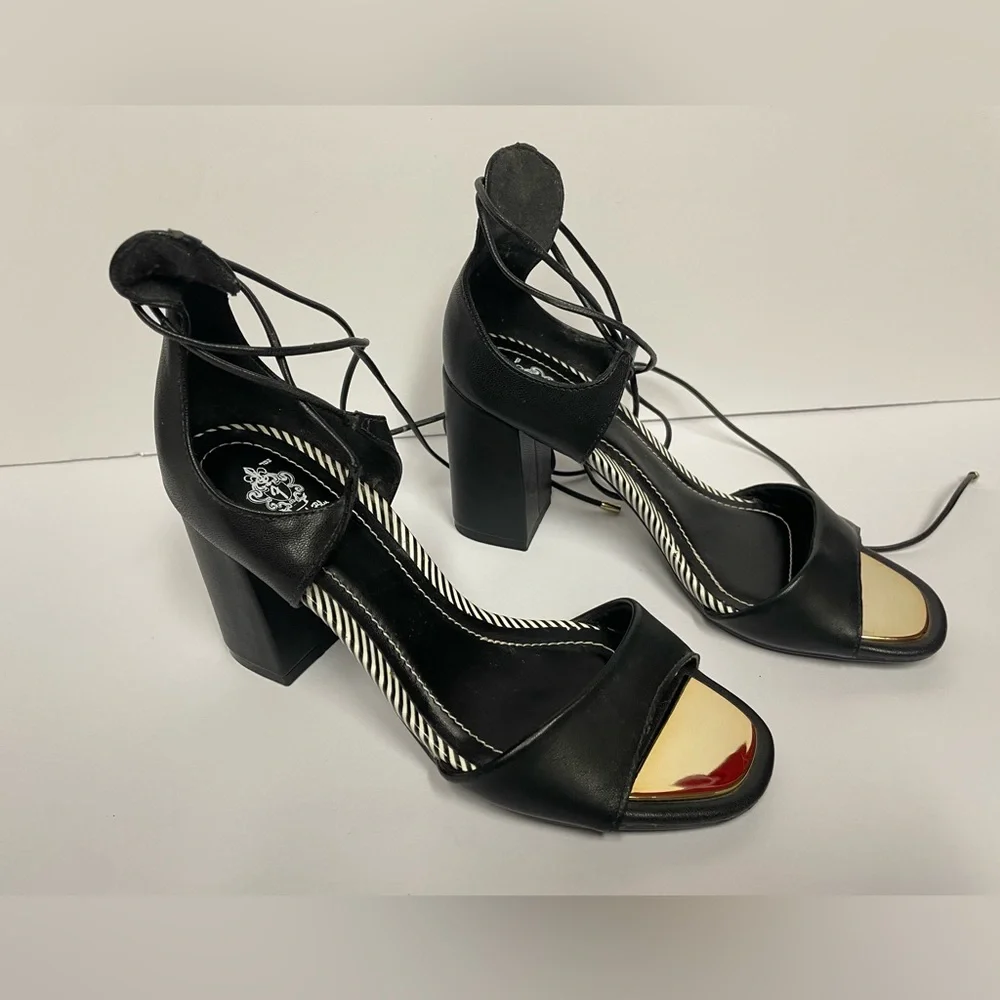 French blu vegan sandals block Heel lace up black gold 6